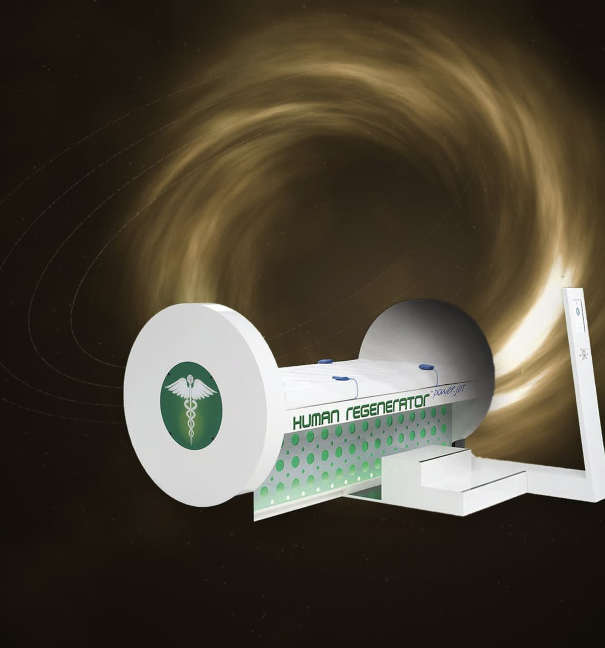Human Regenerator™ Power Jet — Liege mit Plasmafeld-Visualisierung in den Farben von Longevity Rooms